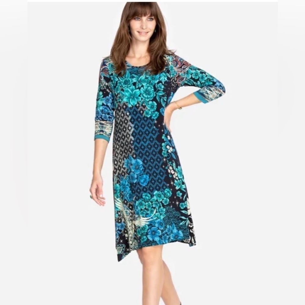 Johnny Was Teal and Navy Floral Print Knee-Length Dress